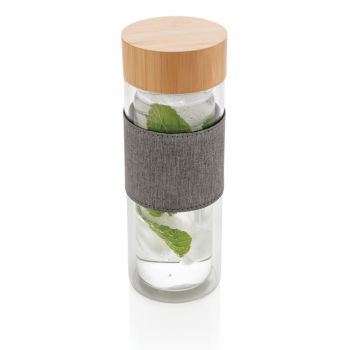 Dvojstenná sklenená fľaša s bambusovým uzáverom Impact priehľadné, sivá
