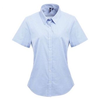WOMEN'S SHORT SLEEVE GINGHAM MICROCHECK SHIRT Light Blue/White M