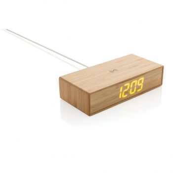 Bambusové digitálne hodiny s bezdrôtovou nabíjačkou 5W hnedá