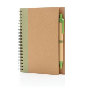 Kraftový zápisník s krúžkovou väzbou a perom zelená