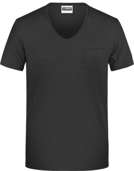 James & Nicholson | Pánské tričko s náprsní kapsou, výstřih do V black XXL