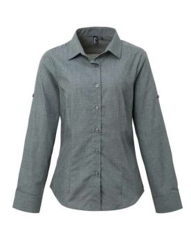 WOMEN'S CROSS-DYE ROLL SLEEVE POPLIN BAR SHIRT Grey Denim L
