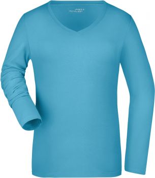 James & Nicholson | Dámské elastické tričko s V výstřihem, dl. rukáv turquoise XL