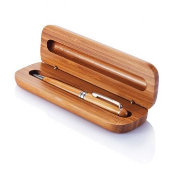 Bambusové guľôčkové pero v krabičke hnedá, strieborná