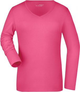 James & Nicholson | Dámské elastické tričko s V výstřihem, dl. rukáv pink L