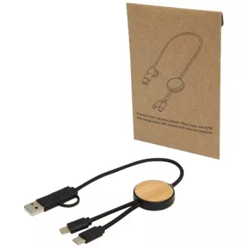 Datový synchronizační a rychlonabíjecí 27W kabel 5 v 1 z recyklovaného plastu o délce 30 cm s bambusovými detaily Chechia Černá