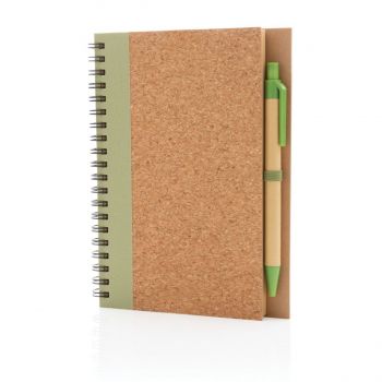 Korkový zápisník s krúžkovou väzbou a perom zelená