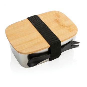 Nerezová krabička na jedlo s bambusovým vekom a príborom strieborná