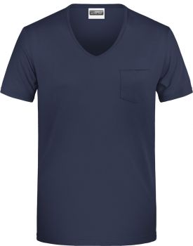James & Nicholson | Pánské tričko s náprsní kapsou, výstřih do V navy S