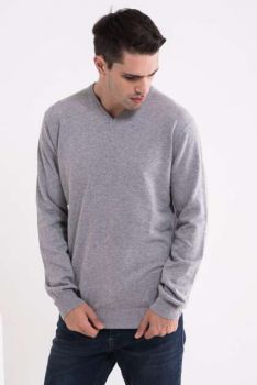 MEN’S V-NECK FINE GAUGE COTTON PULLOVER Light Melange Grey XL