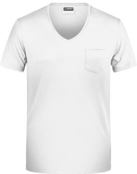 James & Nicholson | Pánské tričko s náprsní kapsou, výstřih do V white S