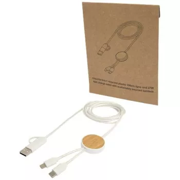 Datový synchronizační a rychlonabíjecí 27W kabel 5 v 1 z recyklovaného plastu o délce 150 cm s bambusovými detaily Chechia bílá