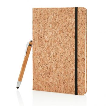 Zápisník A5 a bambusové guľôčkové pero s dotykovým hrotom hnedá