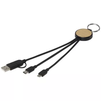 Nabíjecí kabel z recyklovaného plastu/bambusu 6 v 1 s kroužkem na klíče Tecta Černá