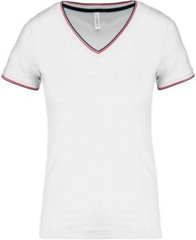 LADIES' PIQUÉ KNIT V-NECK T-SHIRT White/Navy/Red M