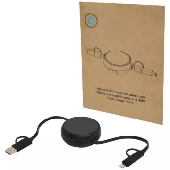 Vysouvací datový synchronizační a rychlonabíjecí 45W kabel 5 v 1 o délce 100 cm z recyklovaného plastu a hliníku Alasia Černá