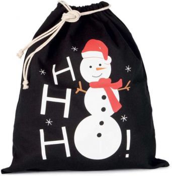 COTTON BAG WITH SNOWMAN DESIGN AND DRAWCORD CLOSURE Black U