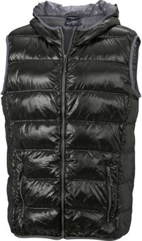 James & Nicholson | Lehká pánská péřová vesta s kapucí black/grey XL