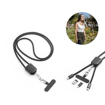 ZEWAIL. Šnúrka s priloženým držiakom na smartfón, kábel USB-C a rôzne adaptéry z recyklovaného ABS a recyklovaného TPE Čierna